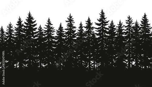 A seamless black silhouette of a dense pine forest border, featuring numerous evergreen trees in a minimalist vector graphic style, isolated on a clean white backdrop.