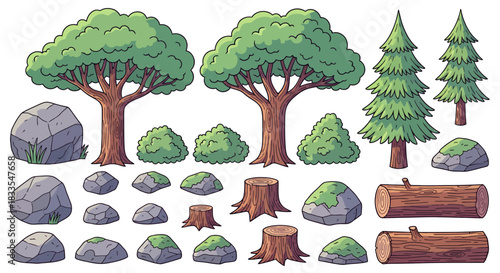 A vector illustration showcasing a collection of nature elements, including deciduous trees, evergreen trees, bushes, rocks, and logs, perfect for nature-themed designs.