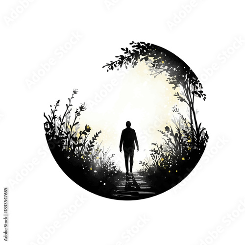 Silhouette of a person walking on a path surrounded by nature.