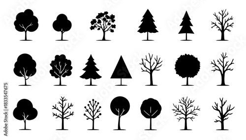 A diverse collection of minimalist black tree silhouettes, presented as clean vector graphic icons suitable for design elements and digital projects.
