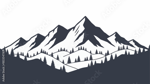 Majestic Mountain Range Silhouette with Pine Trees Landscape.