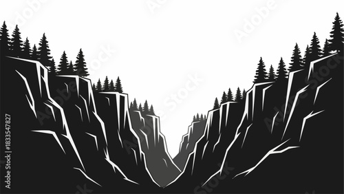 Monochrome Canyon Landscape with Pine Trees and Rocky Cliffs.