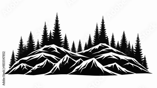 Black and white silhouette of a mountain range with a dense pine forest.