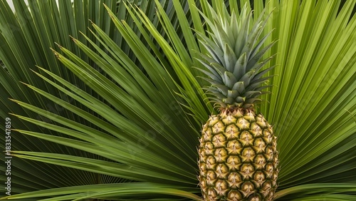 Fresh ripe pineapple fruit with vibrant green spiky crown standing upright against a lush, tropical palm frond background, highlighting exotic produce and healthy eating.
