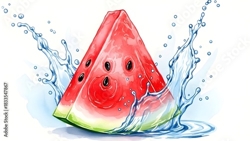 Refreshing watercolor illustration of a vibrant red watermelon slice splashing into cool blue water, symbolizing summer hydration and juicy freshness.