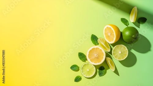 Fresh vibrant yellow lemons and green limes, whole, halved, and sliced, with refreshing mint leaves, on a bright yellow to green gradient.