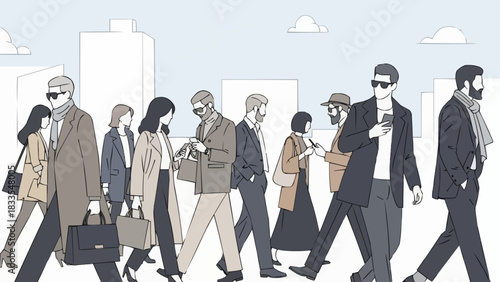 People walking in a city street, focused on their daily activities.