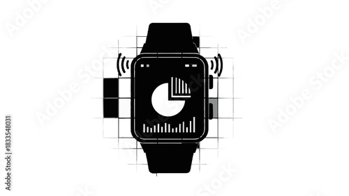 Vector illustration of black and white icon of a smartwatch displaying a pie chart and bar graph with wireless signal isolated on transparent background