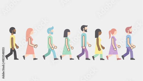 Diverse Group of Wind-Up Toy People Walking Together.