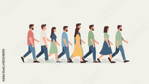Diverse group of people walking together in a line.