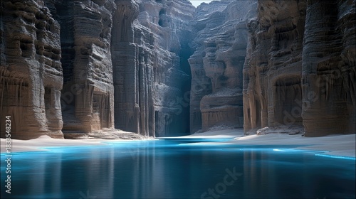 A scenic landscape featuring a canyon with blue water and sunlight shining through the opening.