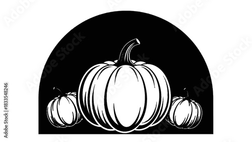 Vector illustration of black and white vector illustration of three pumpkins centered under a black arch shape for harvest season isolated on transparent background