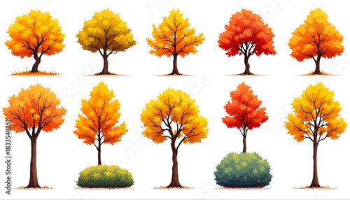 A vibrant collection of vector autumn trees in various shades of orange, yellow, and red, perfect for seasonal designs and nature-themed illustrations on a white background.