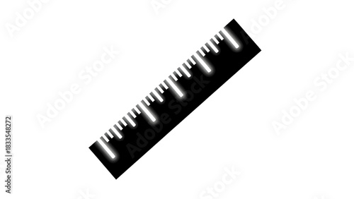 Vector illustration of black ruler icon with white markings shown diagonally against a transparent background, isolated on transparent background