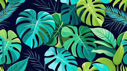 A vibrant, digitally crafted vector illustration showcases a lush arrangement of tropical leaves, presented in a seamless pattern, perfect for various design applications and projects.
