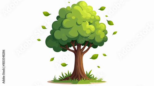 Isolated vector illustration of a vibrant green tree with leaves gently falling, set against a clean white background, perfect for nature-themed designs.