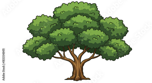 A vibrant cartoon tree illustration, rendered in a vector graphic style with lush green foliage and a sturdy brown trunk, set against a clean white background, perfect for various design projects.