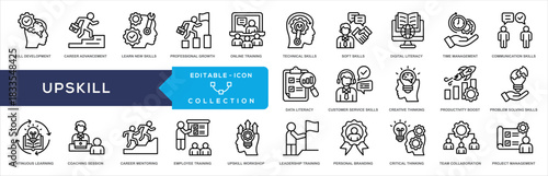 Upskills Line Icon Collection.  professional growth, online training, technical skills, soft skills, digital literacy, time management