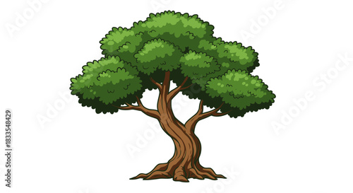 A charming cartoon tree with lush green foliage and a strong brown trunk is presented as a clean vector illustration against a plain white background.