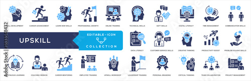 Upskills Glyph Color Icon Collection.  professional growth, online training, technical skills, soft skills, digital literacy, time management