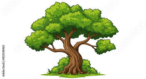 A lush, green tree stands tall with a thick, winding trunk and vibrant foliage, surrounded by smaller bushes in a serene, isolated landscape.