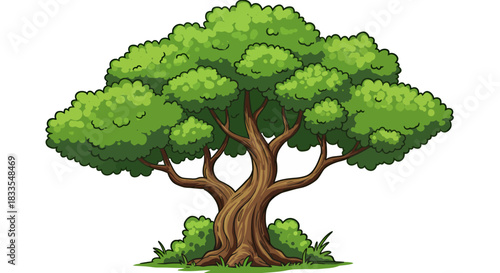 A vibrant, stylized cartoon tree with lush green foliage and a sturdy brown trunk stands majestically, perfect for nature-themed designs.