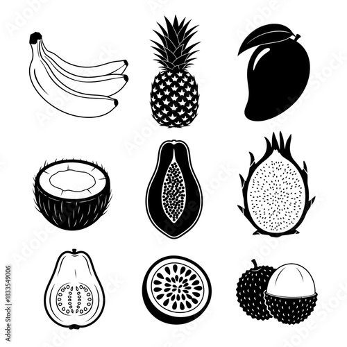 Tropical Fruit Icons Featuring Banana, Pineapple, Mango, Coconut and Dragonfruit