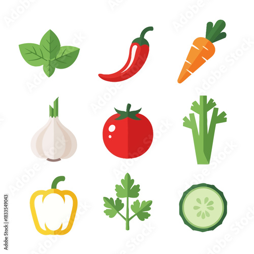 Fresh Vegetable Icons Featuring Chili, Carrot, Tomato, Garlic and Herbs