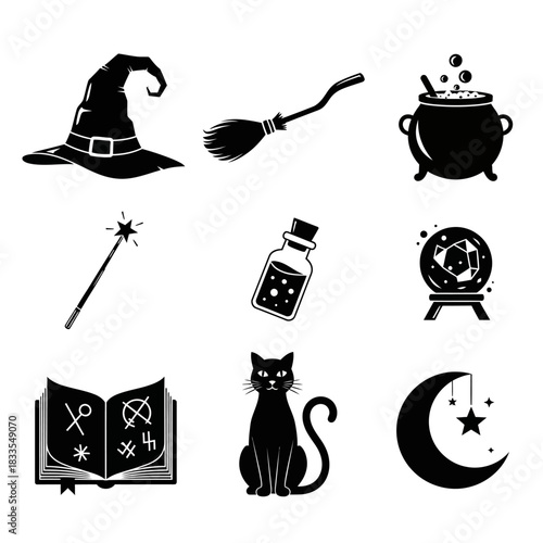Witchcraft and Spell Icons with Hat, Broom, Cauldron and Magic Tools