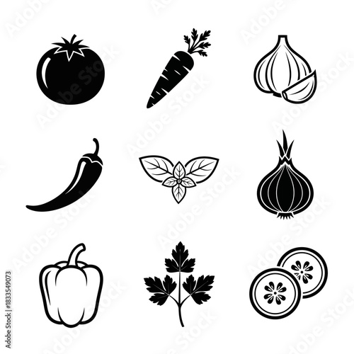 Vegetable Icons Featuring Tomato, Carrot, Chili, Onion and Herbs