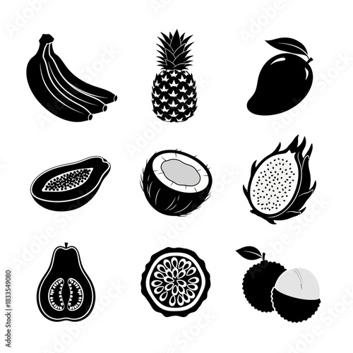 Tropical Fruit Icons Featuring Banana, Pineapple, Mango and Exotic Produce
