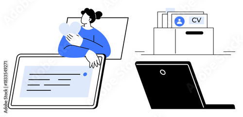 Recruitment concept. Recruitment focuses on digital processes and online hiring trends. Recruitment includes remote work, resume storage, and accessible hiring solutions. For HR, hiring, remote