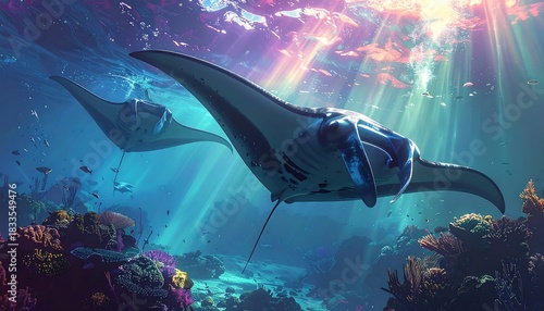 Underwater scene with two manta rays in vibrant coral reef