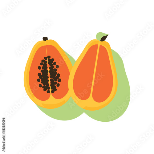 papaya cuts, showing seeds and flesh on white background.