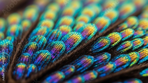 Close-up of iridescent peacock feathers with vibrant colors and intricate details.