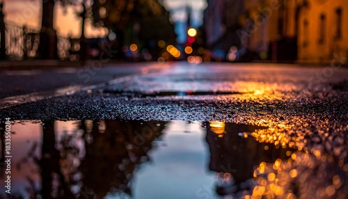 Urban puddle at dusk.  City street reflected