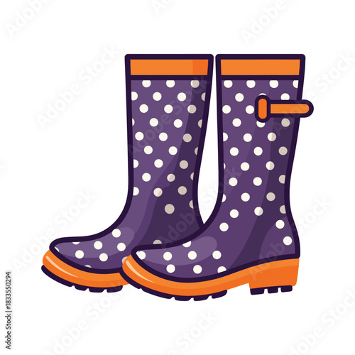 A pair of orange rain boots with white dots
