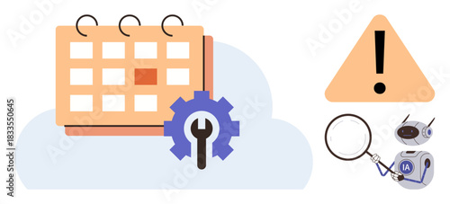Calendar with gear symbolizing task automation, warning sign highlighting alerts, magnifier for detailed review, and AI bots for innovation. Ideal for planning, organization, AI, efficiency
