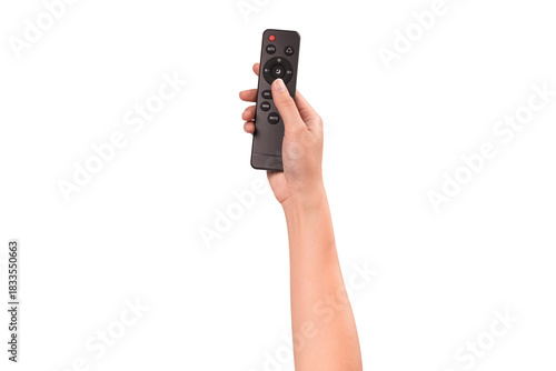 Hand holding remote control isolated on isolated on transparent PNG.	
