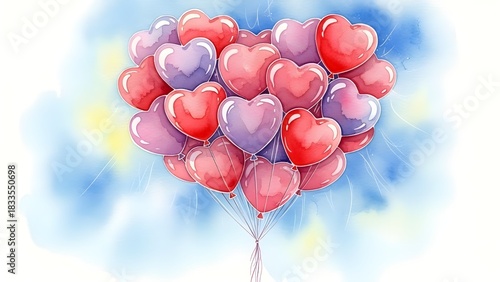 Watercolor heart-shaped balloons in a romantic bouquet of red, pink, and purple shades, floating against a soft blue and yellow abstract sky