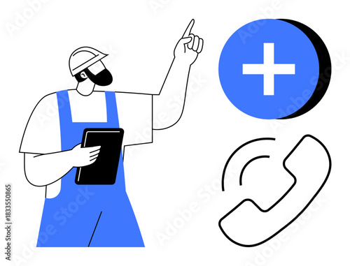 Communication concept. Communication with a worker holding a clipboard next to phone and plus icons. Communication for maintenance, service industries, apps, teamwork, troubleshooting