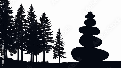 Stacked Stones Silhouette with Pine Trees in the Background.