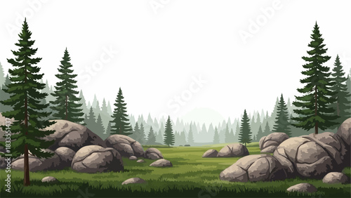 A tranquil forest scene with evergreen pine trees and rocks.