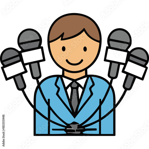 Smiling Male Spokesperson in a Light Blue Suit and Tie Surrounded by Multiple Microphones Representing Media and Public Speaking Engagements