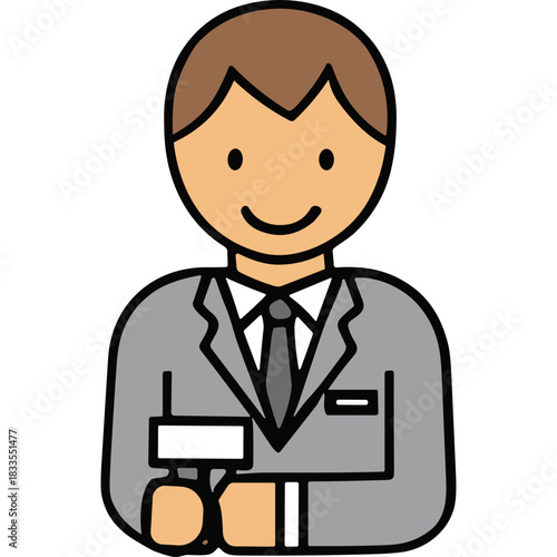 Smiling Man in Gray Suit Holding Microphone Ready for Interview Public Speaking Professional Presentation News Reporter Journalist Communication Media Event