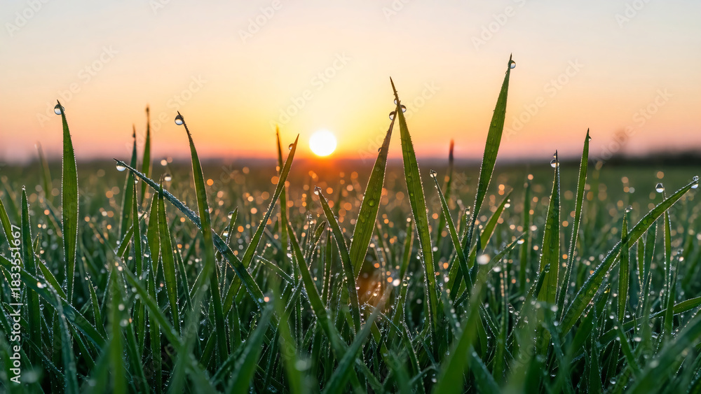 Fototapeta premium Fresh Morning Dew on Grass at Sunrise Macro Shot