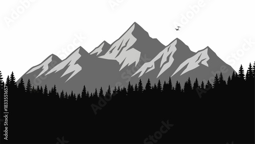 Majestic mountain range silhouette with detailed peaks and forest below a clear sky.