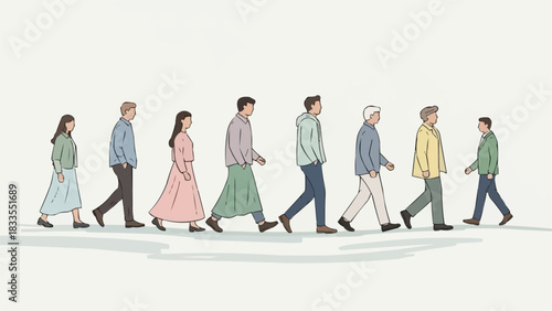 A diverse group of people of all ages walking together in a line.