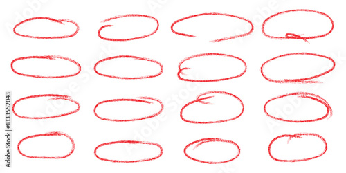 Hand drawn red crayon ovals and circles. Ellipses pencil doodle style set. Red round rough thin frames.