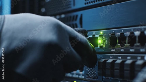 Technician connecting ethernet cable to server rack port